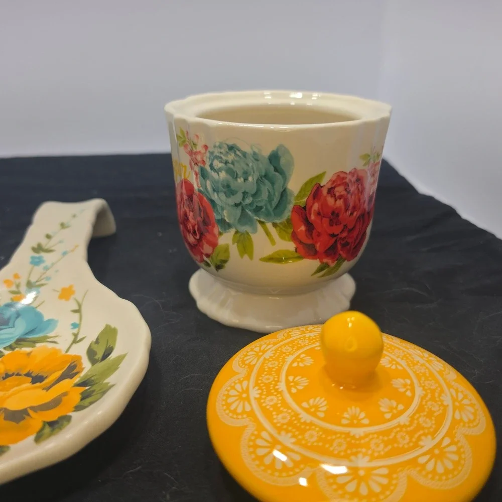 Pioneer Woman 3pc Kitchen Set Sugar Bowl Spoon Rest Glass Floral Bowl Multicolor